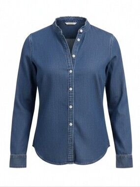 J. CREW | 100% COTTON DENIM RUFFLE NECK BUTTON DOWN BOYFRIEND SHIRT